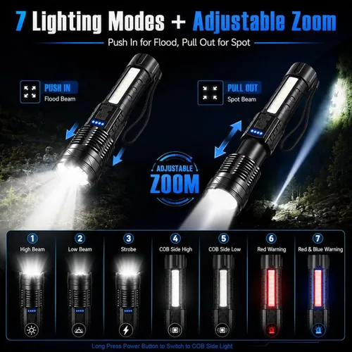 Vista 3 de Linternas LED recargables, 90,000 lúmenes, súper brillantes, linterna de mano con luz de trabajo COB, 7 modos, linterna táctica ajustable IPX6