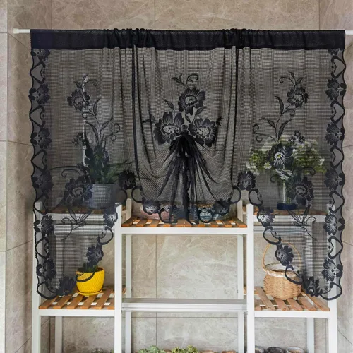 Vista 8 de ZZC Cortinas francesas cortas de encaje transparente, románticas, con lazo, media transparente, panel de cortina de encaje floral, cenefa negra