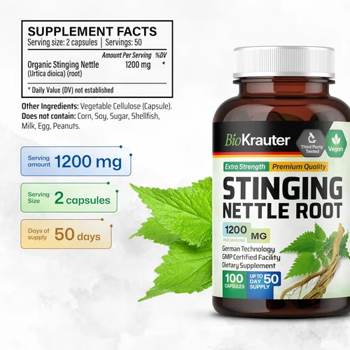 Vista 4 de Raíz de ortiga picante 100 cápsulas, 1000 mg por porción, raíz orgánica de ortiga (Urtica Dioica)