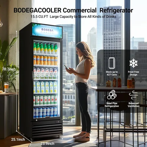 Vista 2 de BODEGA BODEGACOOLER Refrigerador comercial de bebidas de 15.5 pies cúbicos, enfriador de pantalla vertical con puerta de vidrio, refrigerador