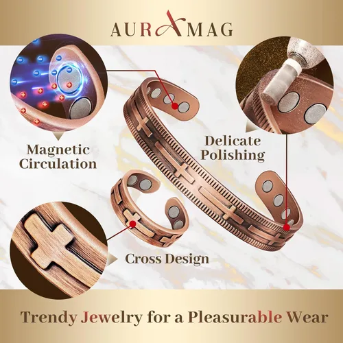 Vista 3 de Pulseras de cobre Auramag para mujeres, anillo de cobre y pulsera magnética con imanes de 3500 Gauss, joyería de cobre 99,99% pura para mujeres