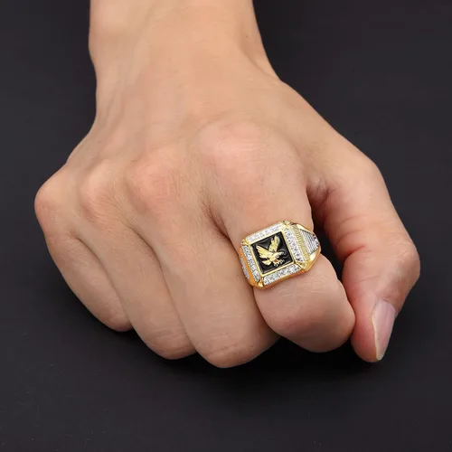 Vista 5 de Anillo de águila de oro de 14 quilates para hombre, circonita cúbica, anillo de águila americana