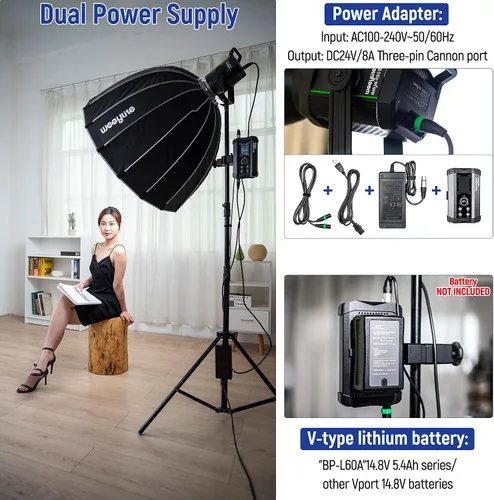 Vista 6 de Weeylite Ninja 400 II - Luz LED de video continua, 150 W, 2800-6800 K, montaje Bowens bicolor, iluminación continua, control de aplicación, luces