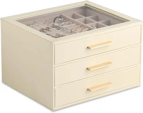 Vista 17 de Frebeauty Joyero para mujer, organizador de joyas con tapa transparente con 3 cajones Marrón Oscuro
