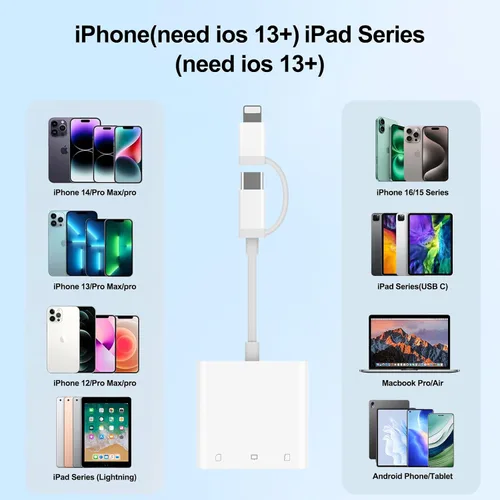 Vista 3 de Lector de tarjetas SD USB C para iPhone 17/16/14/iPad, adaptador USB tipo C a CF/SD/MicroSD de 3 ranuras compatible con flash compacto, SD/MicroSD 3