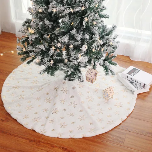 Vista 6 de MandyQ - Falda de árbol de Navidad de felpa blanca con copos de nieve de lentejuelas para decoración de árbol de Navidad 198/Oro/122cm