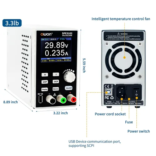 Vista 6 de OWON SPE3102 Fuente de alimentación programable de laboratorio (0-30V 0-10 A), fuente de alimentación CC de banco de 200 W con pantalla LCD de 2.8