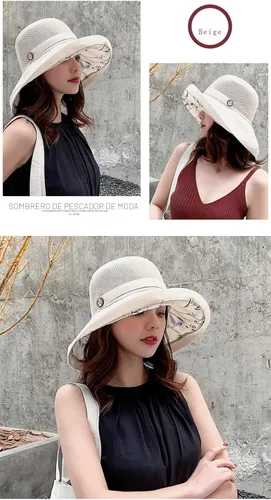 Vista 5 de Sombreros de malla de verano para mujeres con protección UV de ala ancha plegables para playa tipo bucket Beige