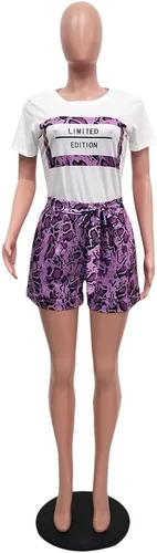 Vista 3 de Ophestin Conjunto casual de 2 piezas para mujer con estampado de letras, camiseta y pantalones cortos