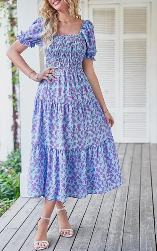 Vista 8 de PRETTYGARDEN Vestidos de verano con estampado floral bohemio para mujer, cuello cuadrado, manga abombada, acampanado, vestido largo casual fruncido
