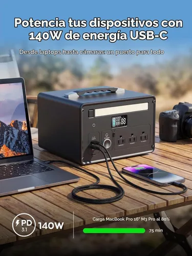 Vista 7 de Portable Power Station 1000W 1008Wh LiFePO4 140W USB-C 3AC 8Port Gray