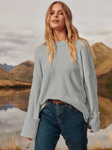 Vista 95 de LOGENE Suéter de gran tamaño para mujer, cuello redondo, manga larga, suave, mullido, suéter de punto 2025 para otoño e invierno