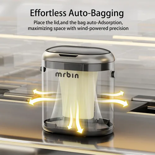 Vista 2 de MRBIN Cubo de basura de metal de absorción automática para baño, cubo de basura sin contacto con tapa, bote de basura delgado de 3.2 galones