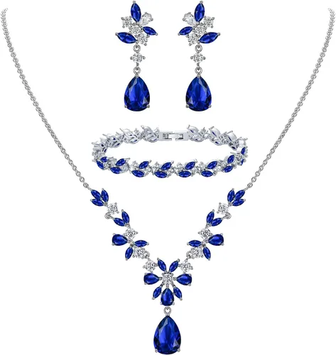 Vista 10 de Wedding Cubic Zirconia Teardrop Necklace Earrings Bracelet Sets for Brides Collar de oro 02-14K+Pendientes+Pulsera