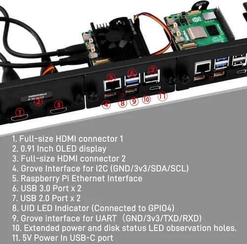 Vista 3 de GeeekPi Soporte de rack de 19 pulgadas para Raspberry Pi 5, con 4 adaptadores PCIe a M.2 NVMe SSD y pantalla OLED, compatible con rack de servidores