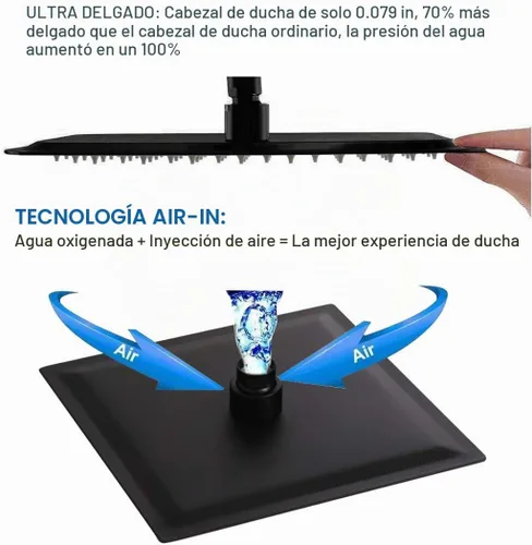 Vista 4 de Conjunto de llave de regadera color negro mate, sistema de regadera de lluvia para baño con cabezal de regadera de metal de acero inoxidable, kit
