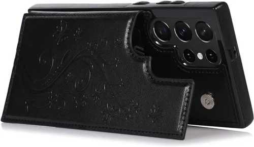 Vista 6 de Asuwish Funda para Samsung Galaxy S22 Ultra con protector de pantalla de vidrio templado, funda de cuero con soporte para tarjetas, doble cierre