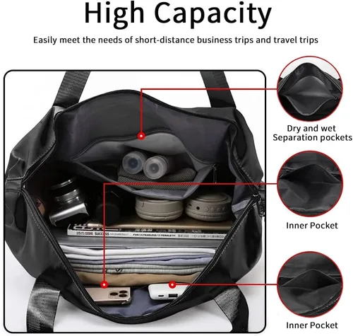 Vista 4 de Bolsa de viaje plegable de gran capacidad, portátil, expandible, bolsa de transporte en seco y húmedo, bolsas de lona deportivas