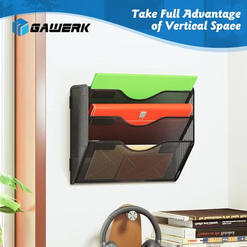 Vista 4 de Gawerk Organizador de archivos de pared colgante de 3 niveles, organizador de papel de correo de malla para colgar carpetas de archivos para oficina