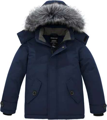 Vista 9 de wantdo - Chaqueta de invierno con capucha para niños, impermeable, acolchada, con forro polar, parka Negro