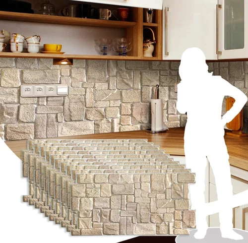 Vista 29 de Dundee Deco Paneles de pared 3D de piedra sintética de PVC marrón, 3.2 pies x 2.1 pies (98cm x 63cm), paquete de 10, decoración de paneles de pared