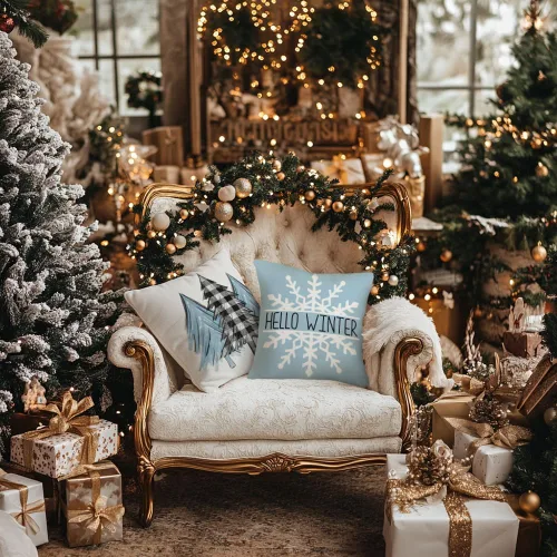 Vista 7 de GEEORY Juego de 4 fundas de almohada de Navidad de 18 x 18 pulgadas para decoraciones de Navidad, árbol de Navidad, alegría, nieve, Navidad feliz