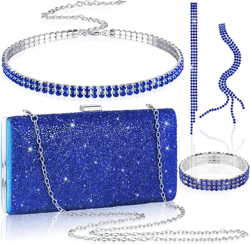 Vista 14 de Kigeli 4 piezas de diamantes de imitación para mujer, bolsa de embrague de noche, collar y pulsera para boda formal