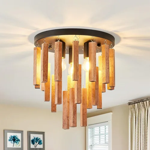 Vista 3 de Lámparas de techo semiempotradas de 3 luces, lámpara de madera bohemia, lámpara de techo de roble y negro con E26 para cocina, sala de estar