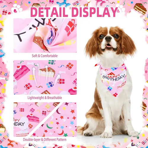 Vista 5 de PUPTECK Bandana de cumpleaños para perro, traje de 4 piezas, bufanda de babero triangular suave para mascotas, suministros de decoración de fiesta