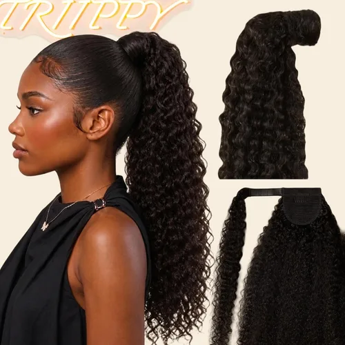 Vista 12 de Extensión de cola de caballo cabello humano rizado birmano pelo #Color natural rizado birmano