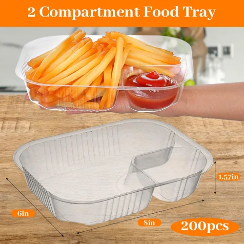 Vista 2 de Paquete de 200 bandejas de nachos de 22 onzas, de plástico de 6 x 8 pulgadas, 2 compartimentos para servir alimentos, bandeja desechable para salsa