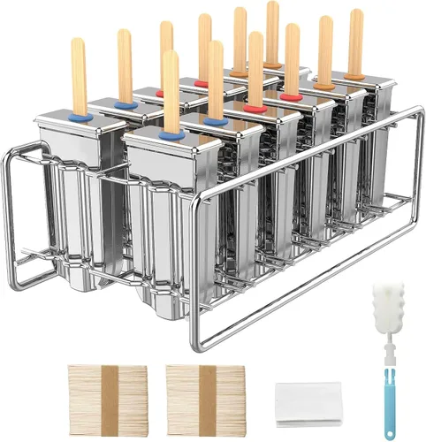 Vista 7 de Paquete de 12 moldes de paletas de acero inoxidable, moldes caseros para paletas de hielo con soporte, máquina reutilizable de cabeza plana