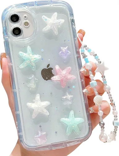 Vista 27 de Compatible con iPhone 11 Pro Funda Transparente Bonita con Diseño de Estrella con Purpurina en 3D con Perlas y Pulsera de Perlas, Diseño de Cadena