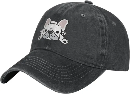 Vista 2 de VunKo Bulldog francés acostado vintage, desgastado, ajustable, de mezclilla lavada, para hombre, papá, camionero, gorra de béisbol para hombre