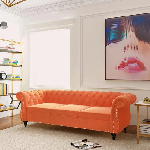 Vista 27 de QHITTY Sofá grande Accent, sofá Chesterfield de 3 plazas moderno de cuero, sofá tapizado con respaldo copetudo para muebles de sala de estar (negro)