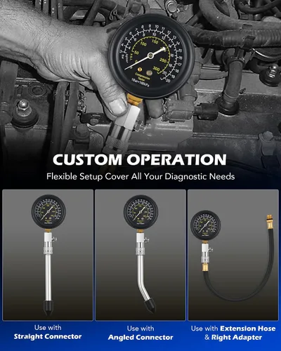 Vista 4 de Kit de probador de compresión de motor Orion Motor Tech, kit de probador de compresión de cilindro de 9 piezas con probador de bujías 4 adaptadores