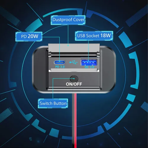 Vista 4 de Carga rápida dual 3.0, salida USB RV Qidoe Panel de montaje en pared de 12 voltios salida USB accesorios de coche con interruptor de alimentación