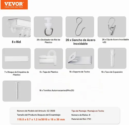 Vista 7 de VEVOR Juego de rieles para cortina de techo, 9.9 pies/3 metros, sistema de riel de techo autoadhesivo sin perforación para cortinas, riel de techo
