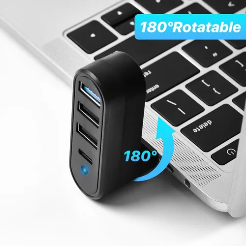 Vista 4 de Hub USB 3.0 de 4 puertos [90°/180° grados giratorios], divisor USB con 1 USB C, 1 USB 3.0, 2 USB 2.0, extensor USB portátil para laptop, MacBook