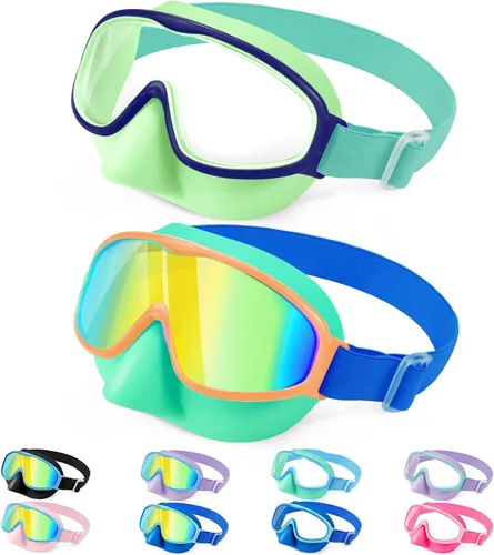 Vista 13 de Vvinca Kids Goggles with Nose Cover for 3-12,Comfort Fabric Strap Wide View 03-negro azul y rosa azul