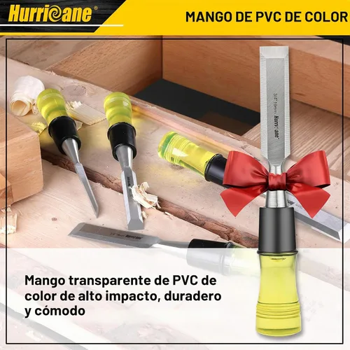Vista 7 de HURRICANE Juego de 4 cinceles de madera para carpintería. Cuchillas de borde biselado de acero CR-V con tapas de seguridad. Agarre extra grande