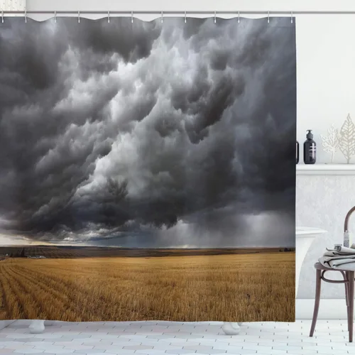 Vista 54 de set de cortina para baño decorativa de tela de poliéster con ganchos