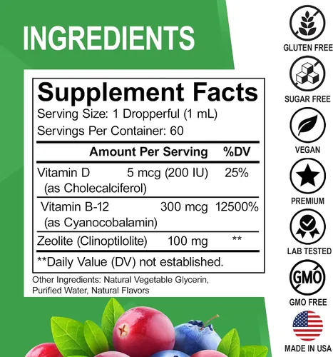 Vista 8 de Zeolite Detox & Suprarrenal Focus Support – Clinoptilolita Zeolita para niños y adultos Gotas líquidas con vitaminas B12 y D – Suprarrenal orgánico