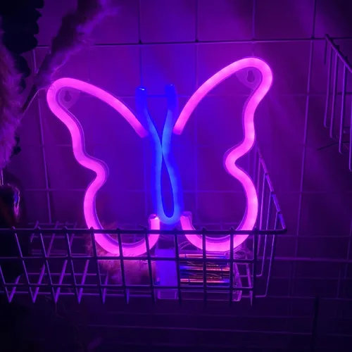 Vista 9 de Letreros de neón de mariposa rosa coral para pared, oficina, apartamento, dormitorio, boda, fiesta de cumpleaños, decoración de mariposa de neón 1