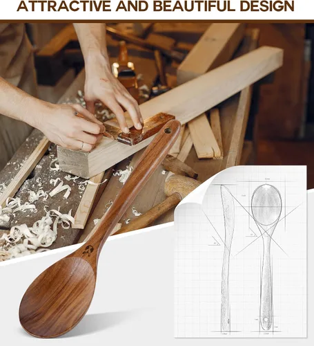 Vista 4 de Cucharas de Madera para Cocinar, Cucharas de Madera de Teca Natural Premium, Cucharas de Cocina Grandes de Buen Agarre y Espátula de Madera