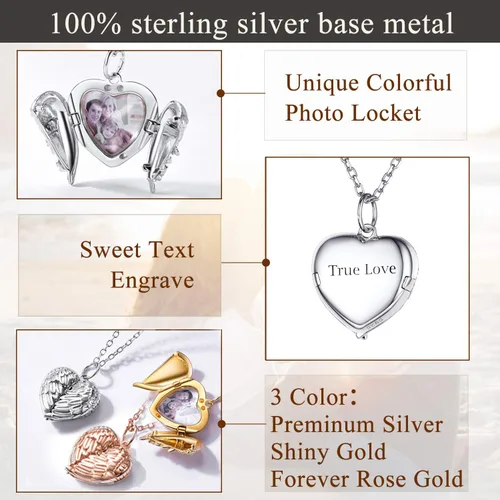 Vista 4 de SILVERCUTE Personalized & Engraved Locket Necklace with 18" Chain -Angel Wings Locket, Custom Heart Locket Pendant That Holds Picture, Sterling