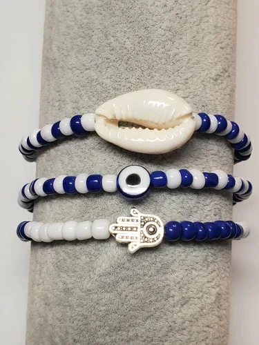 Vista 55 de 3 pcs Ilde Cowrie seashell Evil Eye Hamsa Hand Orisha Santeria Pulseras Bracelet Set