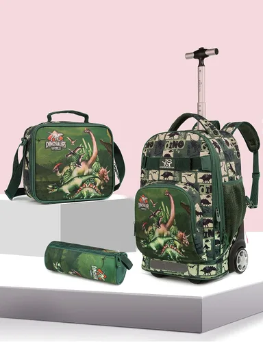 Vista 2 de MOHCO Juego de mochila con ruedas de 19 pulgadas con ruedas y bolsa de almuerzo y estuche para lápices, Dinosaur