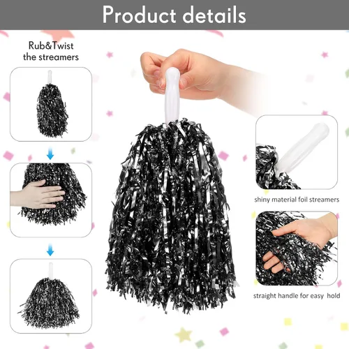 Vista 2 de 60 Piezas Pompones de Animadoras de Papel Metálico Pompones de Animación a Granel con Mango de Plástico Accesorio de Disfraz de Animación para Negro