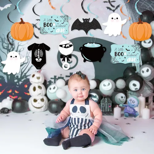 Vista 6 de K KUMEED Decoraciones de Halloween para baby shower, 20 piezas Blue A Little Boo is Almost Due Colgantes de remolinos para niños, decoración